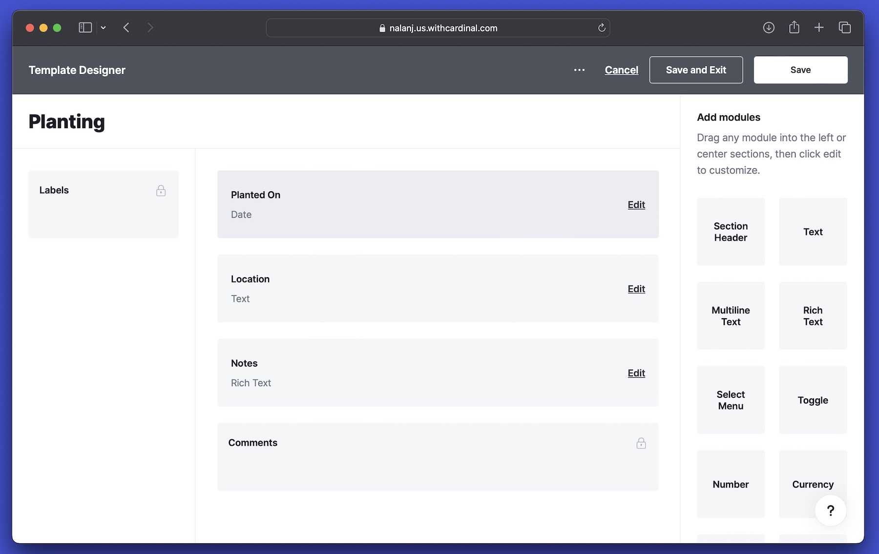 Image of Planting card in Cardinal template designer