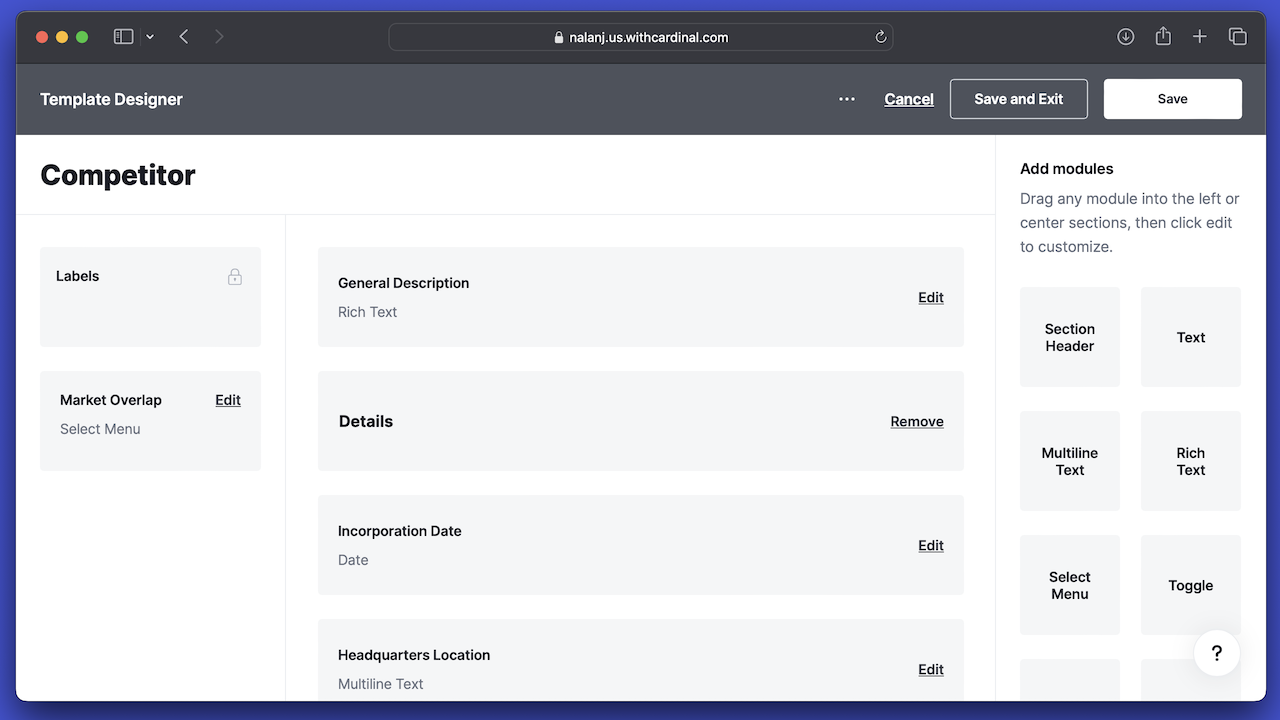 Screenshot of the Competitors Template in Cardinal