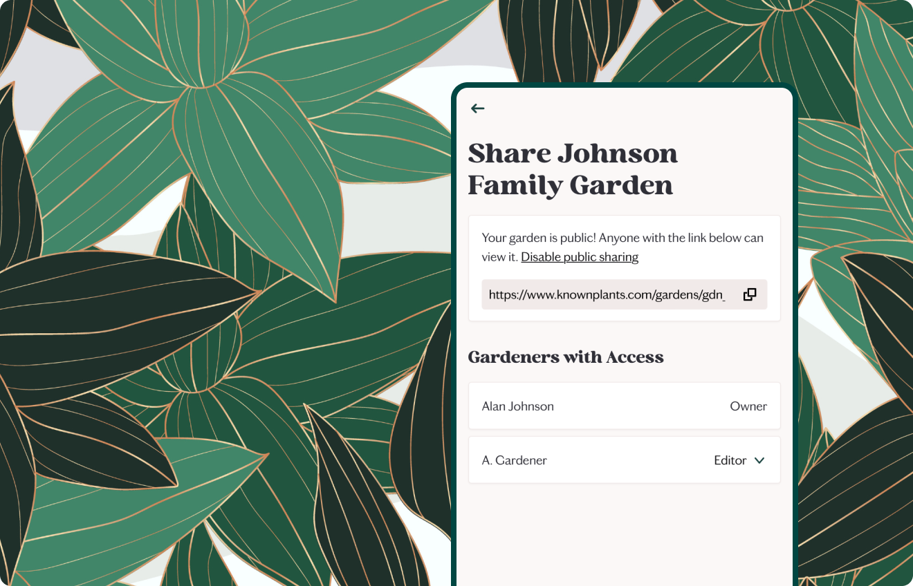 A screenshot of the sharing interface within Known, showing a garden shared with the public and with another gardener